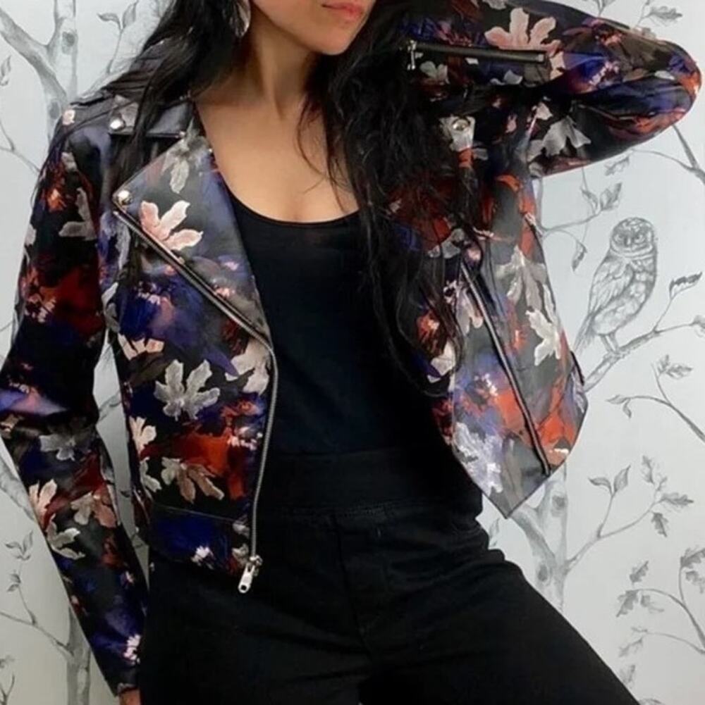 Sam Edelman Faux Leather Biker Jacket Black Dark Floral Size XS Lined Moto